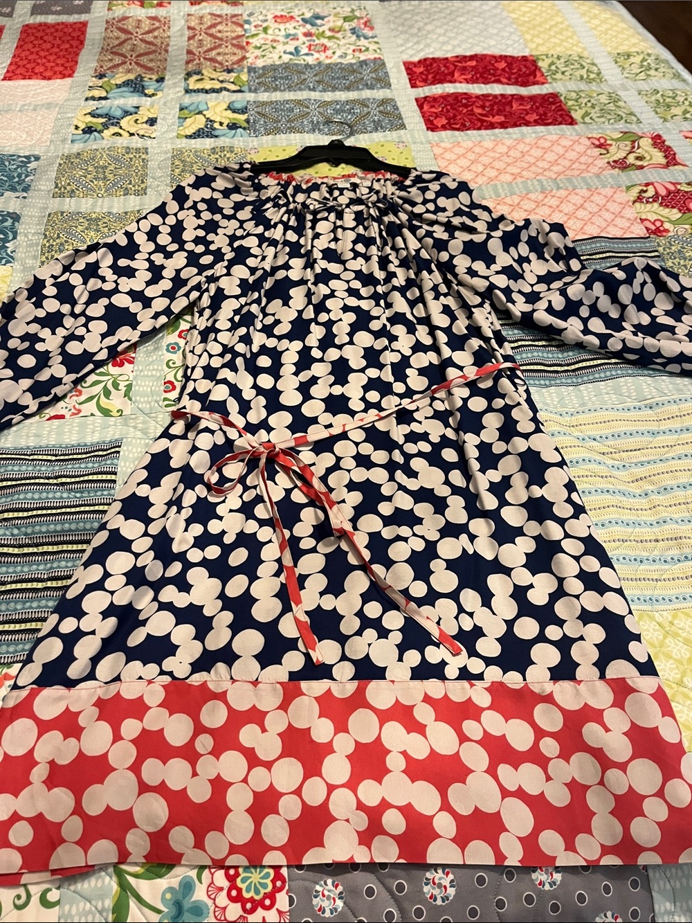 Boden Navy and White Polka Dot Midi Dress with Red Hem